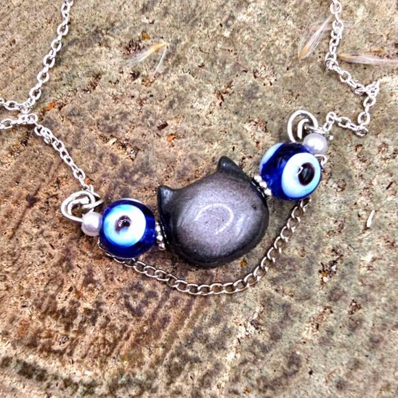 Nature Silver Obsidian Cat & Evil Eye Pendant Necklace - Picture 6 of 10